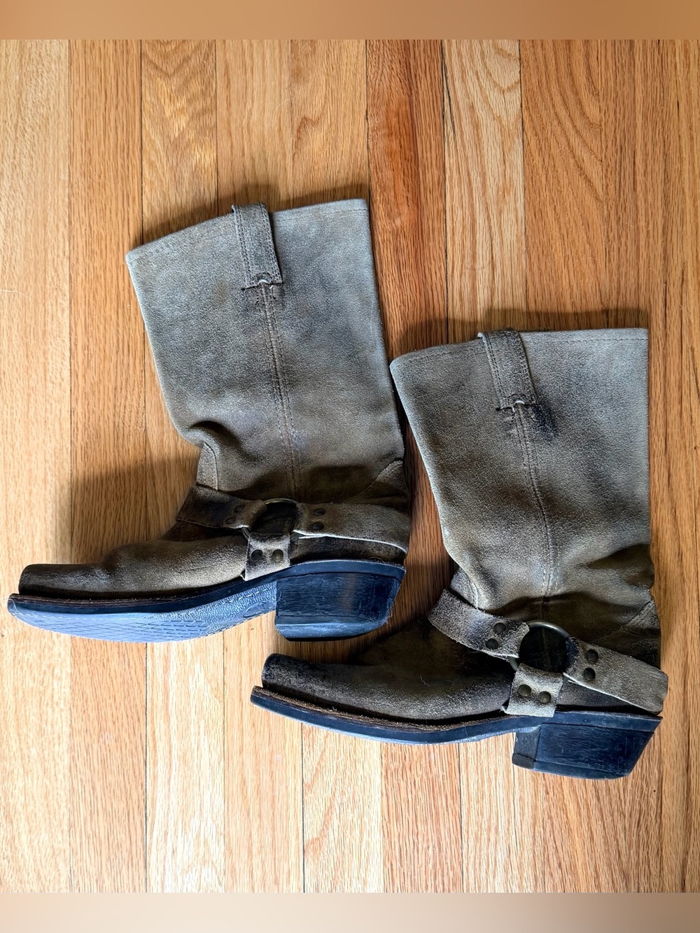Vintage Frye Suede Harness Boots in Taupe